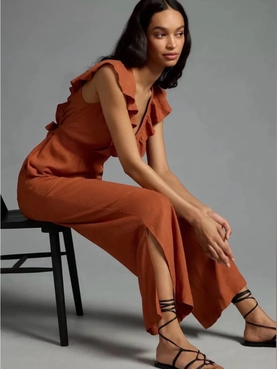 By Anthropologie Pants - By Anthropologie V Neck Ruffle Copper Jumpsuit Size S